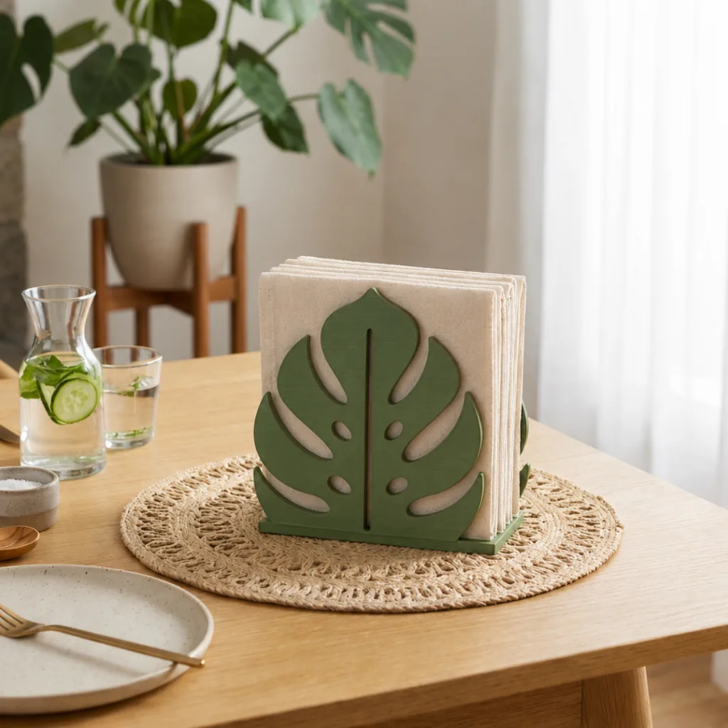 Porta-guardanapo verde em forma de folha de costela-de-adão sobre sousplat de palha numa mesa de madeira