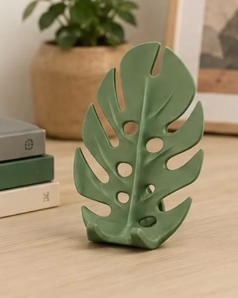 Suporte de celular verde em forma de folha sobre uma mesa, ao lado de livros